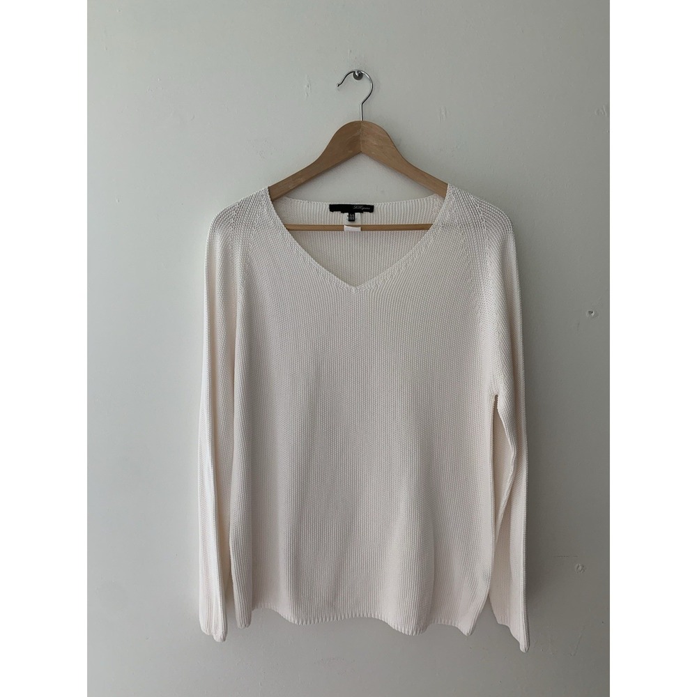 Les Copains Women's Sweater 100% Cotton Vneck Ivory 44 Made In Italy Quiet Luxe
